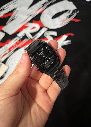 Чоловічий годинник casio aq-230 black — повністю чорний, чорний циферблат, аналогово-цифровий, металевий браслет, ретро-стиль