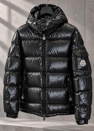 Чоловіча зимова куртка moncler maya чорна з капюшоном на еко-пуху, тепла стьобана куртка осінь зима