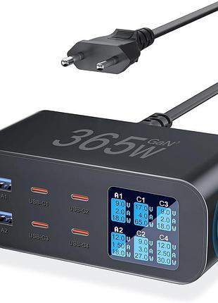 Ysyfad - зарядна станція gan 365 вт, 6 портів usb-c та usb-a, дисплей, швидка зарядка pd 100 вт. уцінка