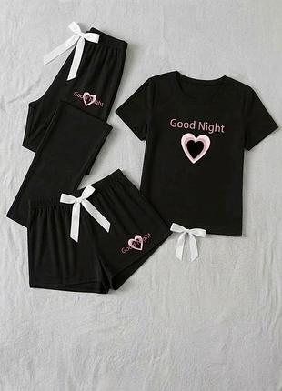 Модний жіночий піжамний комплект 3 в 1 з принтом серце good night xl