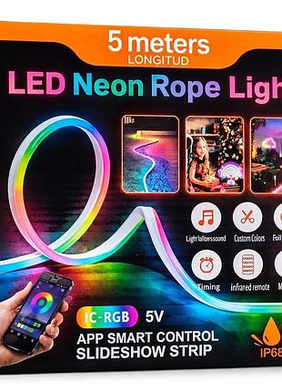Розумний гнучкий led-неон шнур 5м ic-rgb з bluetooth, керуванням з телефона та пульта від usb (5v, ip68)