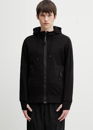 C.p. company hooded open sweatshirt diagonal raised fleece - мужская кофта на молнии, черная, 3xl