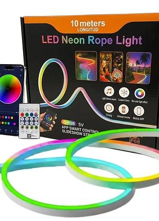 Світлодіодна неонова стрічка led neon rope light rgb 10м з керуванням з телефону bluetooth та пультом usb ip68