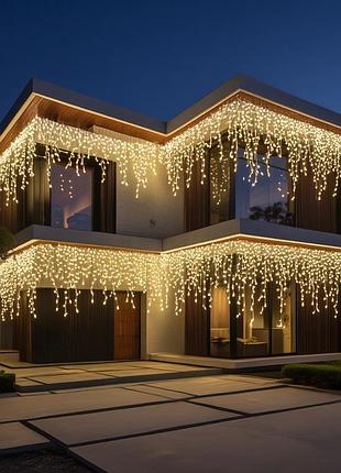 Уличная гирлянда бахрома 50 м 600 led белое свечение провод желтое сияние
