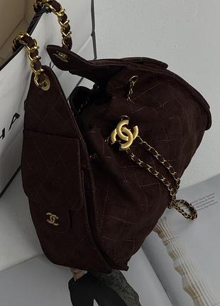 Сумка женская chanel 25 small handbag премиум на плече темно коричневый текстиль хобо шанель 25