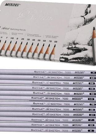 Набір графітних олівців "raffine" marco /7000-12tn/ 8b–2h, 12 шт., металева уп.