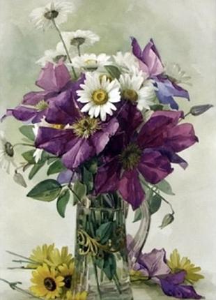 Алмазна мозаїка "go to art" /189723/ "великий фіолетовий клематис і білі ромашки" 30*40 см на підрамнику