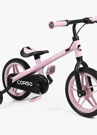 Велобіг-велосипед 2в1 corso 63305 дитячий, колеса 12 дюймів, алюмінієва рама, ручне заднє гальмо, знімні педалі, в коробці
