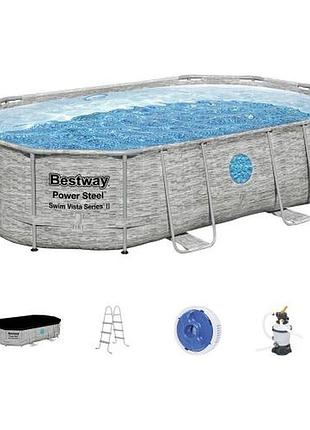 Каркасний басейн овальний bestway 56946, 488×305×107 см з фільтр-насосом, драбиною та тентом
