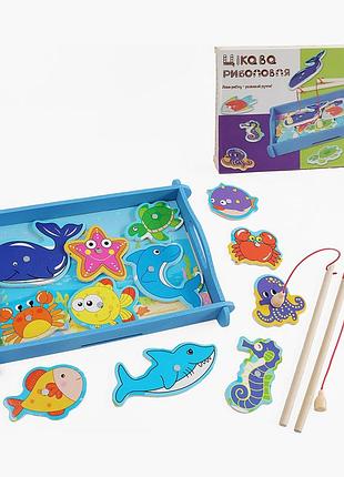 Магнитная рыбалка wtoys 28538 деревянная развивающая игрушка, 2 удочки, рыбки, в коробке, для детей от 18 месяцев
