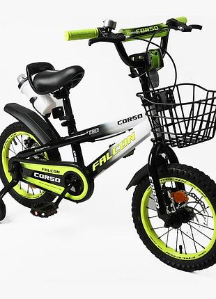 Детский велосипед 14" corso falcon fc-14772, стальная рама, дисковые тормоза, доп. колеса, звонок, корзинка, бутылочка