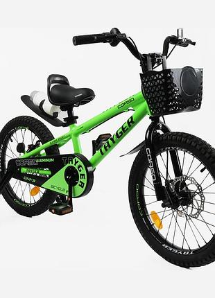 Детский двухколёсный велосипед 18" corso tg-94300 tayger алюминиевая рама, дисковые тормоза, доп. колёса, звонок