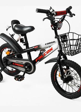 Детский двухколесный велосипед 14" corso falcon fc-14078 стальная рама, дисковые тормоза, дополнительные колеса, звонок
