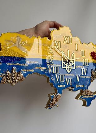 Годинник настінний з епоксидної смоли "карта україни" 50x32 см