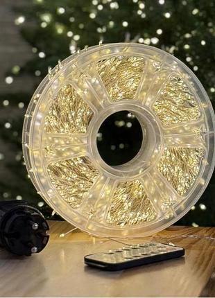 Гірлянда роса мішура на котушці 100 м 2000 led, тепле біле світло, білий дріт, 220v з пультом