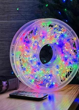 Світлодіодна гірлянда мішура роса 100 м на котушці, 2000 led, різнобарвна rgb, білий дріт, з пультом дк 220v