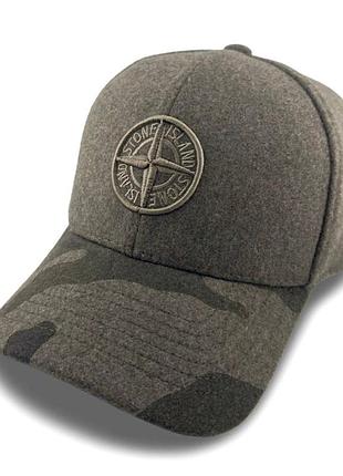 Чоловіча зимова бейсболка stone island хакі з італійської вовни на флісі з вухами (україна)