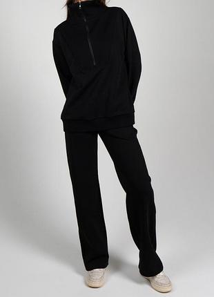 Женский свитшот elegante, удлинённый свитшот, вставки в рубчик, цвет: черный
