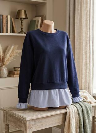 Стильний світшот 2 в 1 з імітацією сорочки від zara girls , красивий та зручний темносиній світшот з оригінальною деталлю — імітацією сорочки в смужку