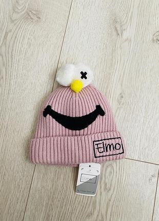 Шапка для дівчаток elmo рожева зимова з помпоном 
6-12 міс