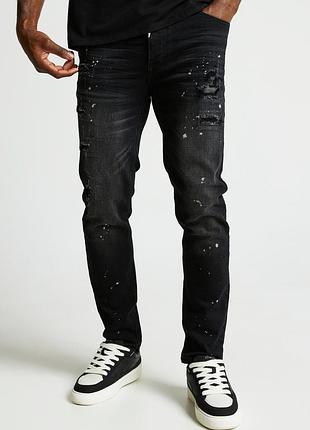 Чоловічі чорні джинси брюки денім jeans alessandro zavetti slim fit, розмір 36, еластичний денім штани без пошкоджень стильні рванки з каплями фарби