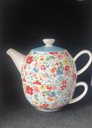 Керамічний набір cath kidston country rose для чаю «на одну особу» (tea for one) із заварником і чашкою з квітковим принтом та блакитною кришкою