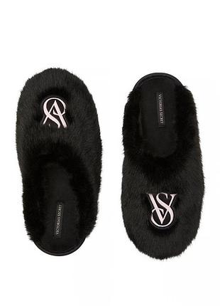 Капці жіночі victoria’s secret хутряні чорні з логотипом vs