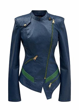 Куртка жіноча blue & green шкіряна синя із зеленими вставками