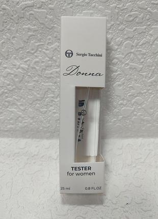 Тестер женской туалетной воды sergio tacchini donna объемом 25 мл. Это свежий, цветочно-фруктовый аромат с нотами бергамота, лотоса, ананаса и водяной