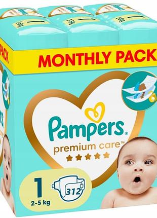 Pampers premium care 1 312 шт. 2-5 кг подгузники
