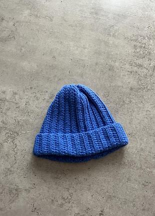 Шапка біні в'язана handmade синя 52-54р