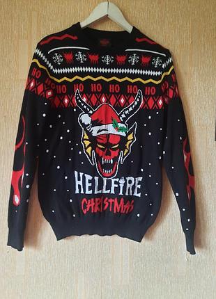 Праздничный джемпер из коллаборации Googleflix и sranger things (hellfire club "have a hellfire christmas"), xs/s