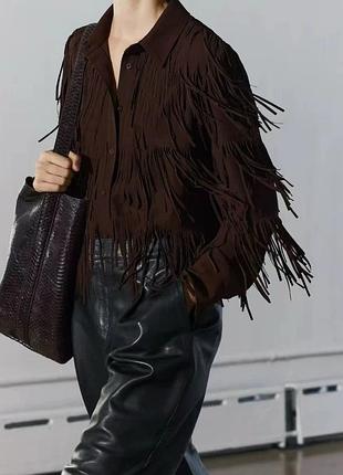 Жіноча сорочка zara коричнева з бахромою