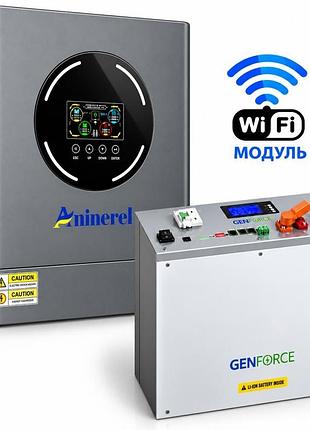 11 квт lifepo4 комплект інвертор aninerel, wi-fi produced by anenji + акумулятор genforce 51.2v 100ah, smart bms, настінний