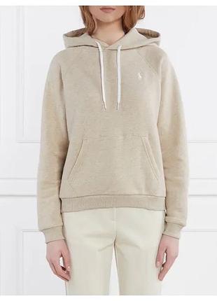 Жіноче худі від бренду polo ralph lauren  fit fleece hoodie у світло-бежевому/сірому кольорі з білими зав'язками та вишитим логотипом-поні на грудях)