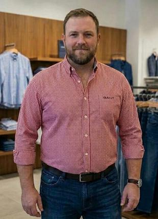 Чоловіча якісна сорочка gant chequers oxford в дрібну клітинку з латками на ліктях (розмір 2xl)