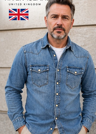 Чоловіча джинсова сорочка river island s 46 — варений денім, стиль western, металеві кнопки, британський бренд