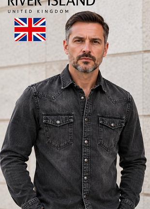 Мужская джинсовая рубашка river island s 46 - черный вареный деним, стиль western, металлические кнопки, британский бренд