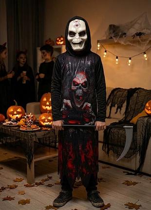 Костюм карнавальний на хелловін halloween гелловін скелет скелета смерті смерть смерти мантія балахон накидка диявола коса для хлопчика 11-12 років *