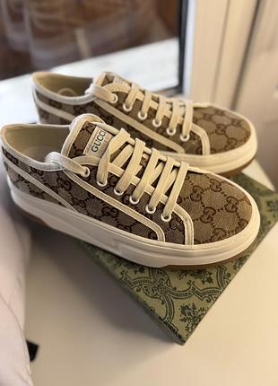 Жіночі кеди gucci бежевого кольору,в повній комплектації