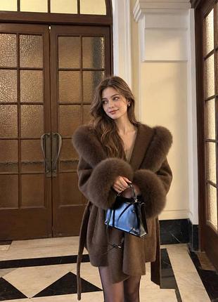 Пальто з поясом max mara🤍 натуральне хутро