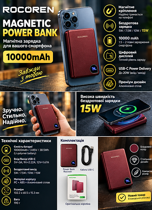 Магнітний magsafe повербанк для iphone power bank rocoren 10000mah (бездротовий,  дисплей) бордовий