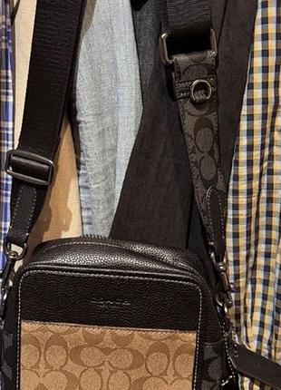Сумка чоловіча coach через плече чорна з монограмою
