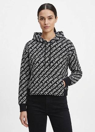 Худі з капюшоном і суцільним білим логотипом (all-over print) calvin klein jeans