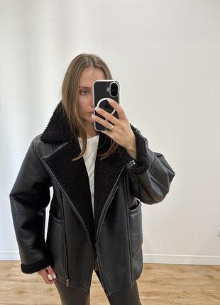 Жіноча дублянка авіатор zara чорна ( екошкіра+ хутро)