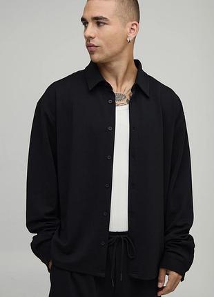 Чорна сорочка boohooman tall herringbone oversized boxy shirt, s (оверсайз), оригінал