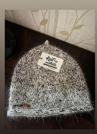 Шапка біні knit aesthetic в'язана пухнаста сіра