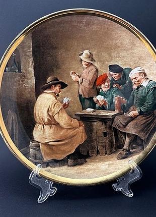 Англійська фарфорова колекційна тарілка «картярі» д. тенірс, elizabethan fine bone china, вінтаж позолота