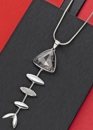 Довгий ефектний кольє - кулон скелет рибки з гранованим чорним кристалом 3
