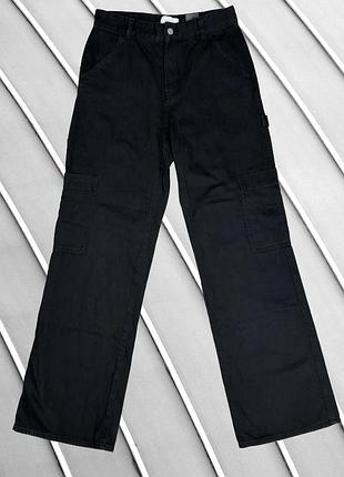Женские джинсы h&amp;mm m eu38sk10 ua44 черные oversized cargo pants wide leg широкие карго с карманами высокая посадка свободные брюки деним прямые